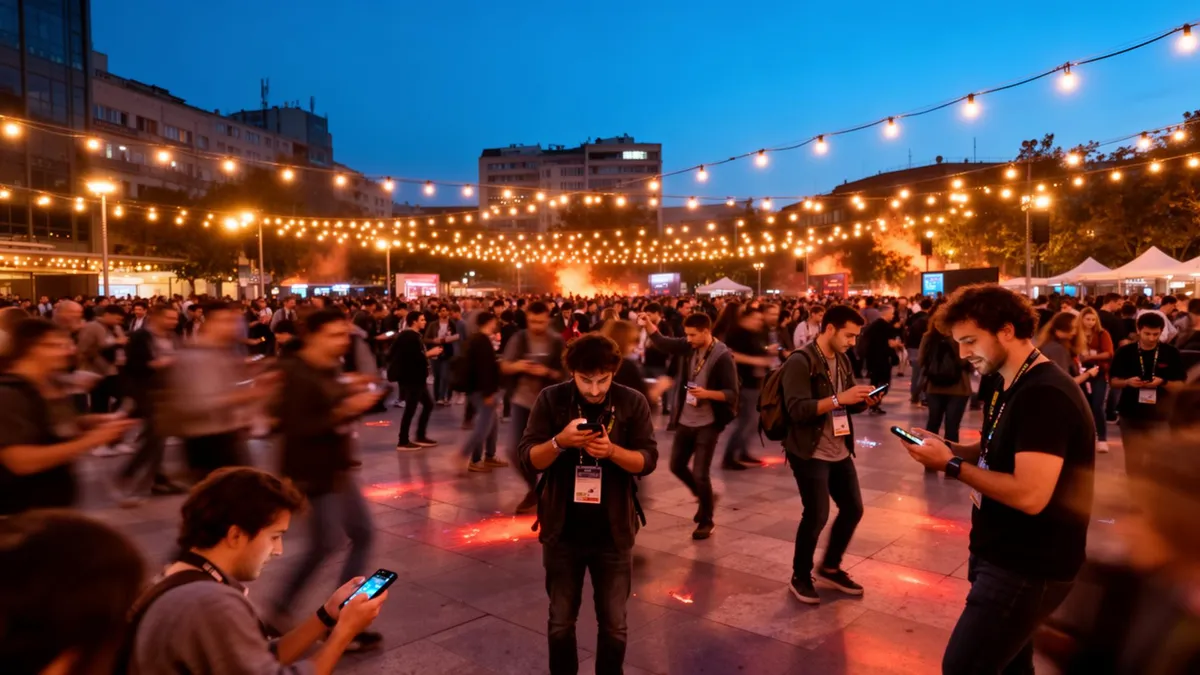 Editorial dusk photograph of an outdoor festival plaza crowd interacting with phones under warm string lights during a flexible drop-in multiplayer gameplay moment.