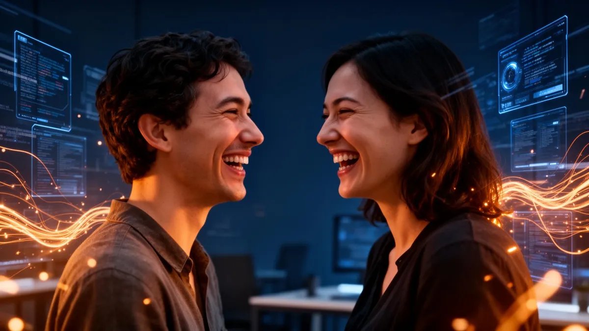 Editorial conceptual photograph of two colleagues sharing genuine laughter face-to-face with translucent holographic AI panels dissolving in the background — warm human connection against cool digital abstraction.