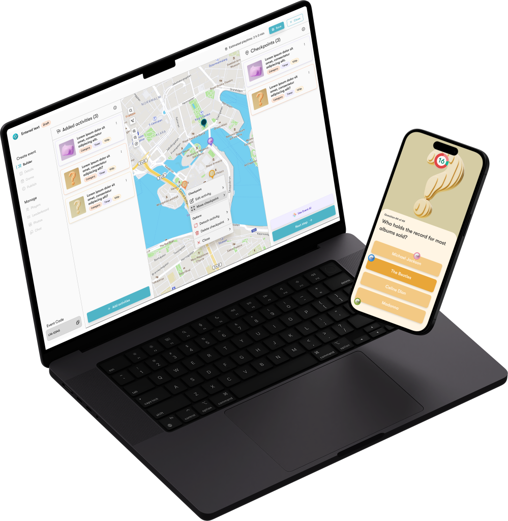 ReadySet event builder open on a laptop next to a live trivia mission running on a phone