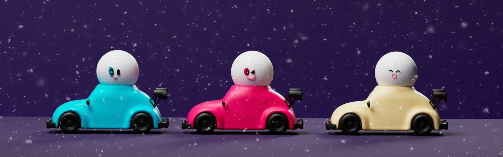 Three Lap of Lights racer characters — cyan, pink, and cream — lined up under falling snow on a midnight purple set.