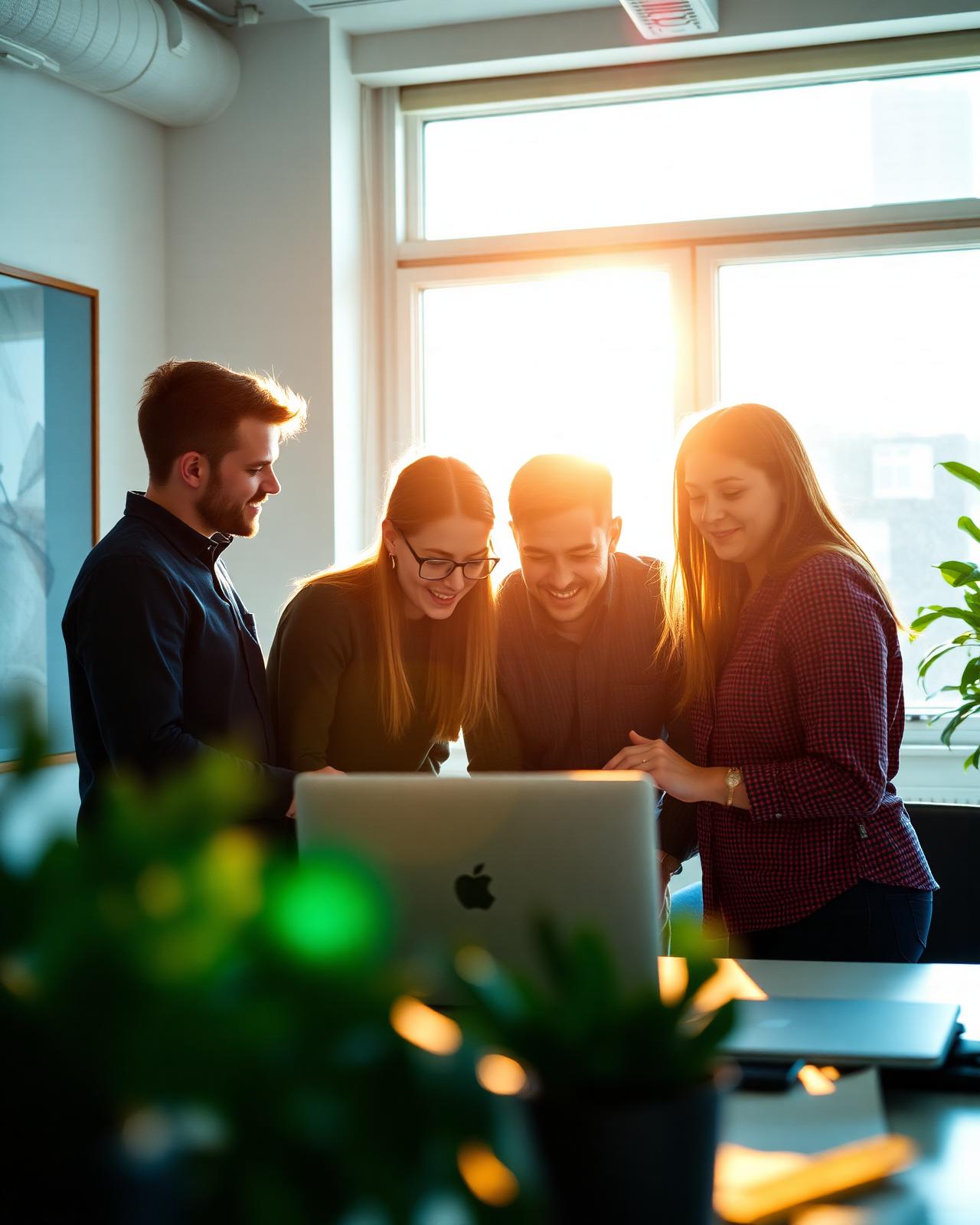 Small team huddled around a laptop in a sunlit Stockholm office.