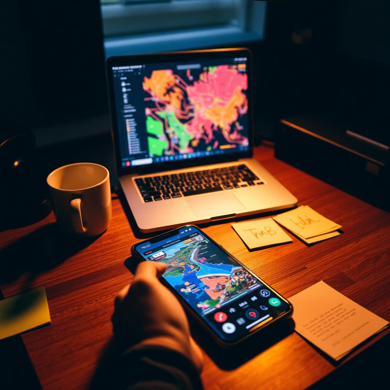 Designer's desk with a laptop showing map UI and a phone running the app.