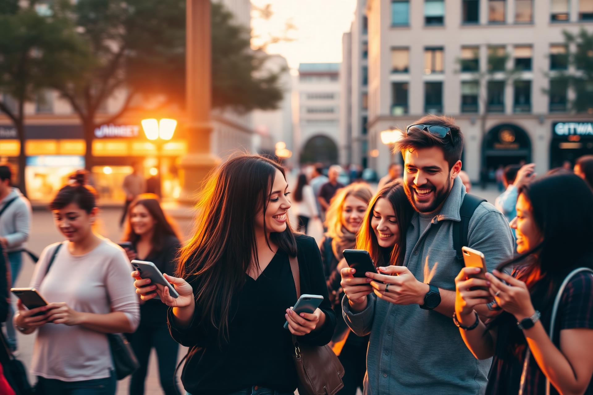 Players using the ReadySet app together in a city square at golden hour.