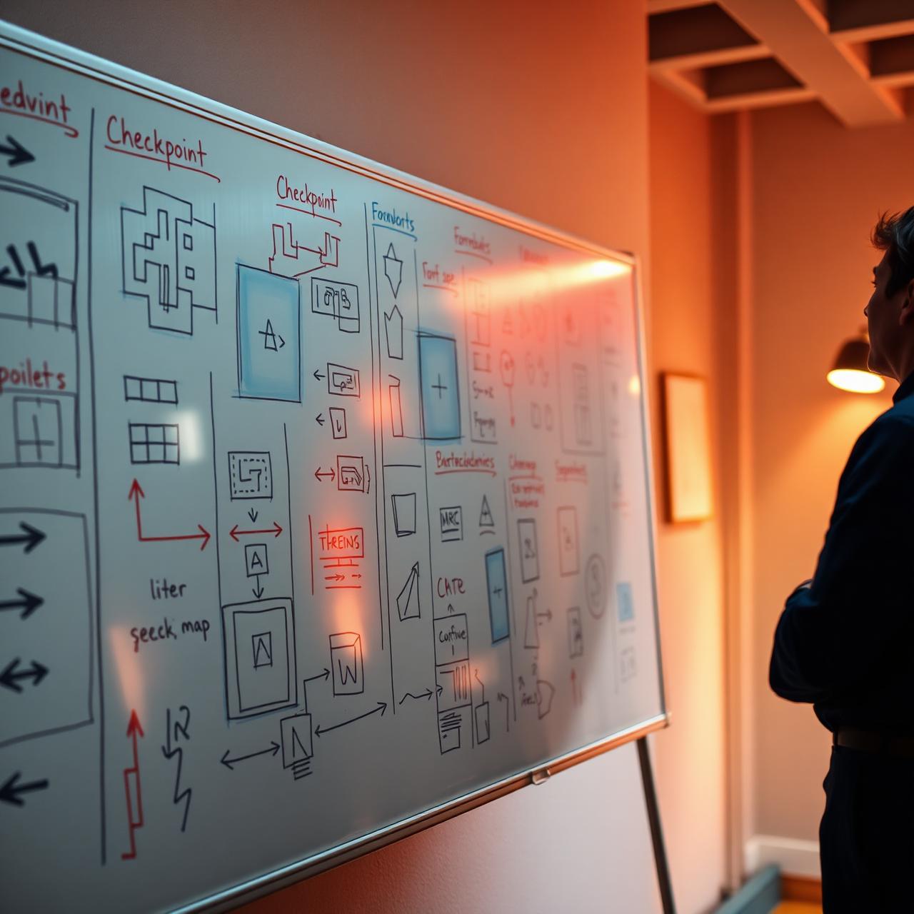 Whiteboard covered in gameplay map sketches and checkpoint diagrams.