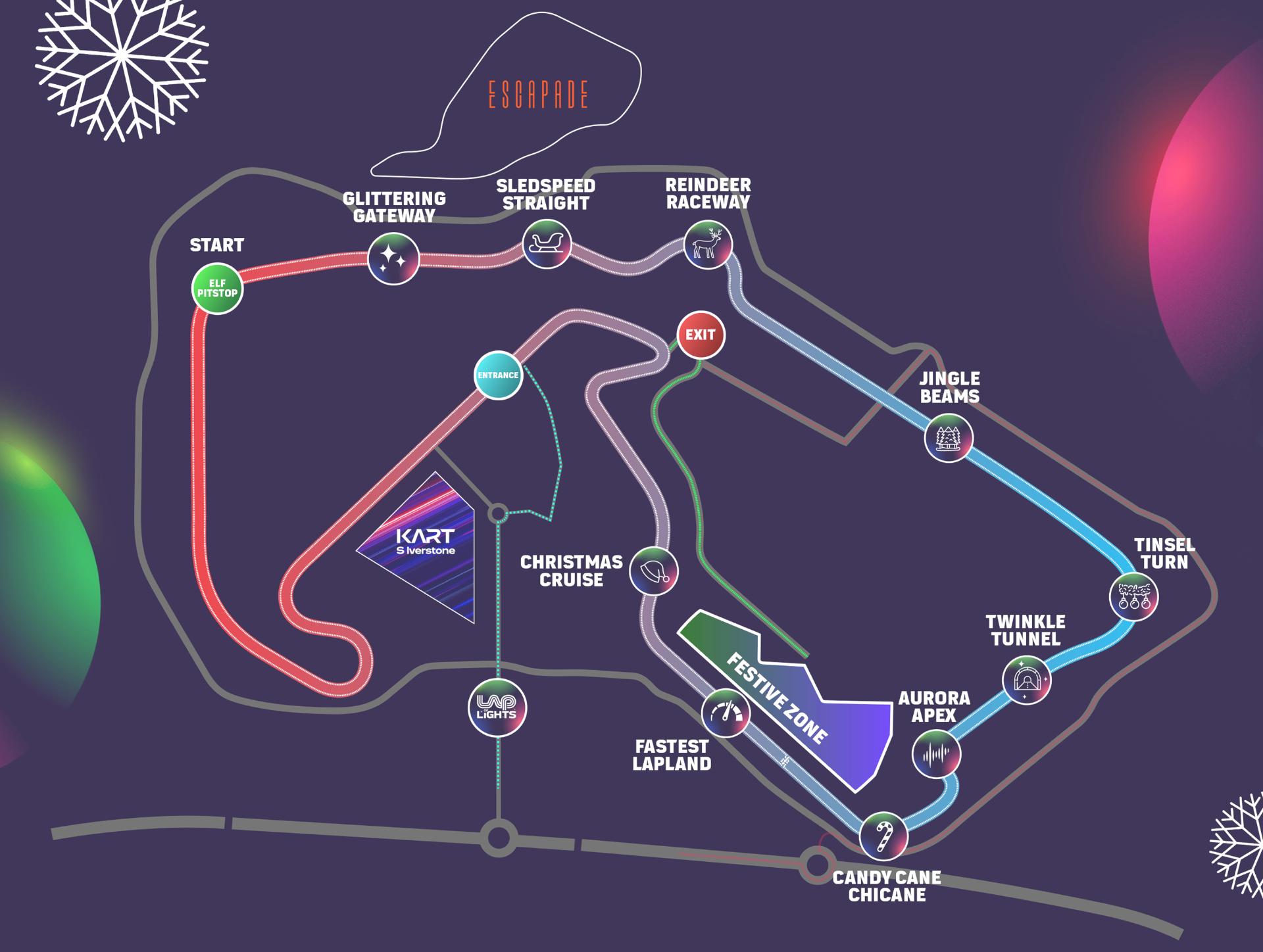 Lap of Lights themed Silverstone circuit — renamed corners (Glittering Gateway, Sledspeed Straight, Reindeer Raceway, Tinsel Turn, Candy Cane Chicane) plotted on a deep midnight map.