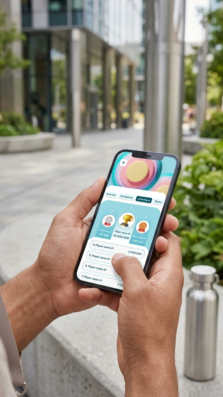 A player holding a phone outdoors with the ReadySet leaderboard live on screen