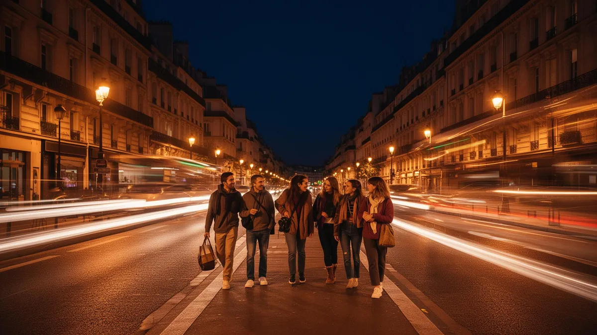 A small group of friends walking together down a wide European boulevard at night, surrounded by warm long-exposure car light trails beneath ornate street lamps — capturing the social, cinematic energy of a ReadySet city-scale multiplayer experience.
