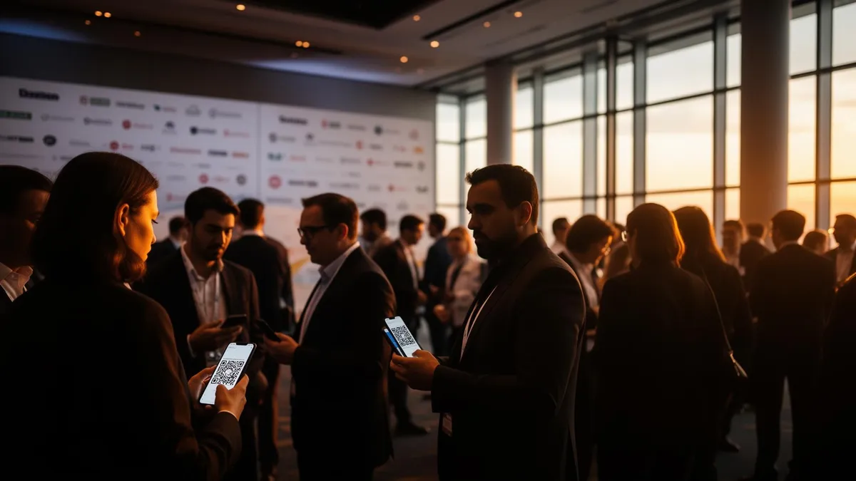 Editorial photograph of a modern conference venue at sunset — attendees holding phones with QR challenges, sponsor banners softly out of focus, candid networking energy.