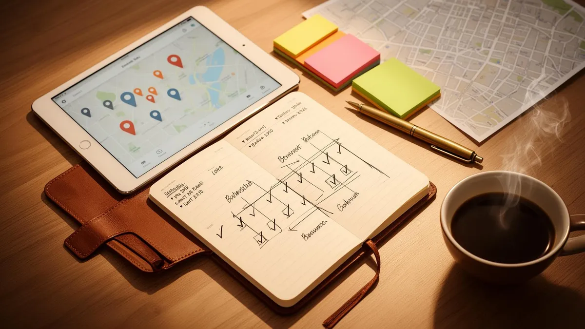 Editorial overhead photograph of an organizer's desk at night — open event-planning notebook with a handwritten timeline, laptop showing a soft map interface, sticky notes, and a paper city map, lit by warm lamp glow — capturing the operational craft behind a great ReadySet event.