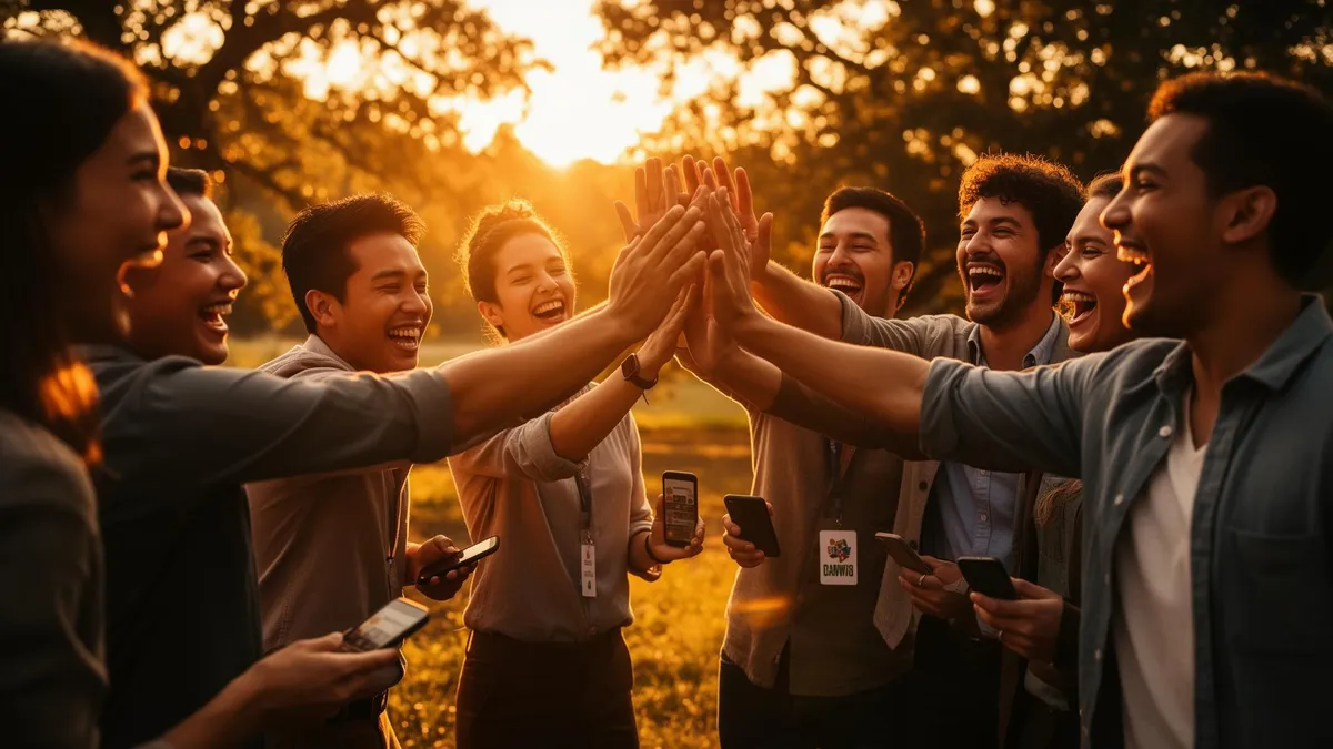 Editorial photograph of a diverse team mid high-five outdoors at golden hour during a ReadySet multiplayer experience, phones in hand, candid joy and collaboration.