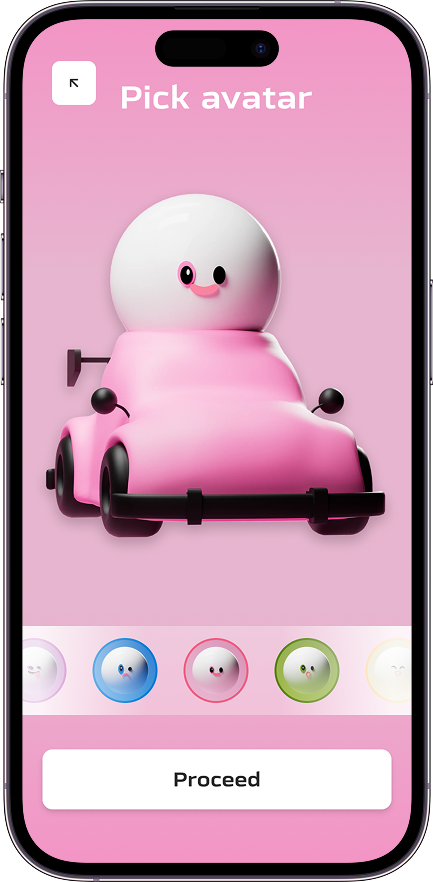 Lap of Lights branded avatar picker — a pink kart character with a colour swatch row below.