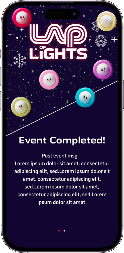 Lap of Lights post-event screen — branded LOL logo with a constellation of racer avatars and an Event Completed message.