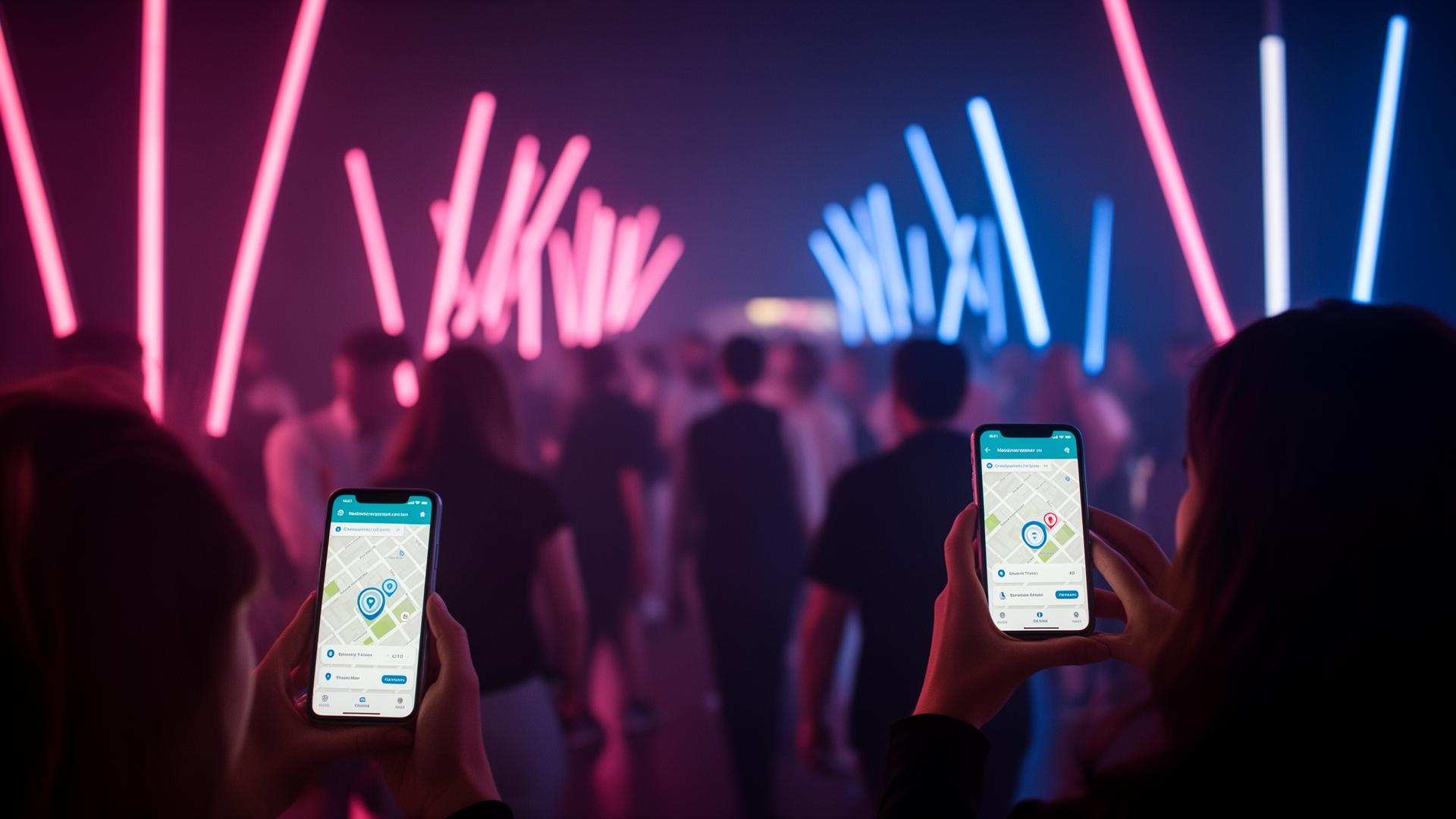 Attendees walking through pink and electric-blue light installations, holding phones with the branded Lap of Lights map app open.