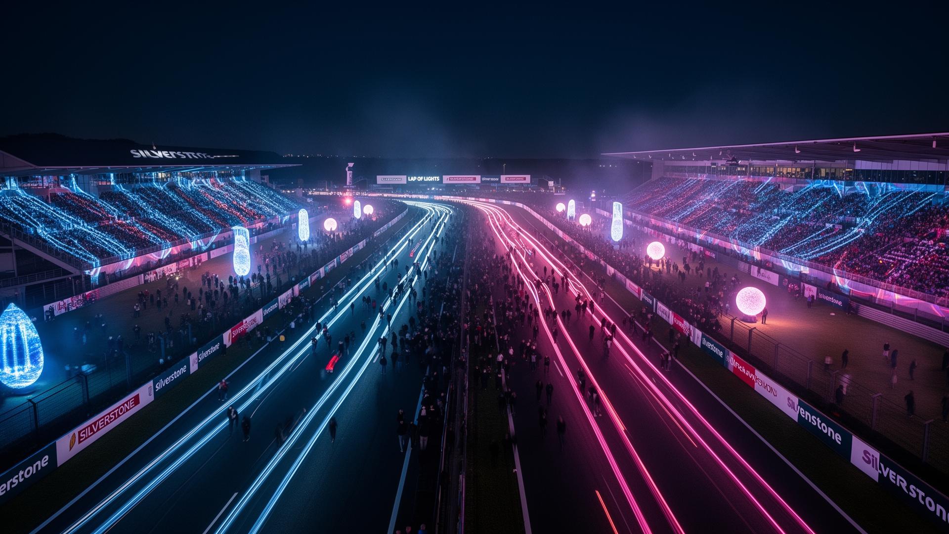 Silverstone Lap of Lights at night — long-exposure light trails sweeping across the circuit.