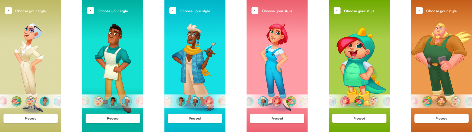 Six Trailmix character selection screens — a varied cast of players against colorful brand backgrounds, each ready to be picked from the in-app carousel.