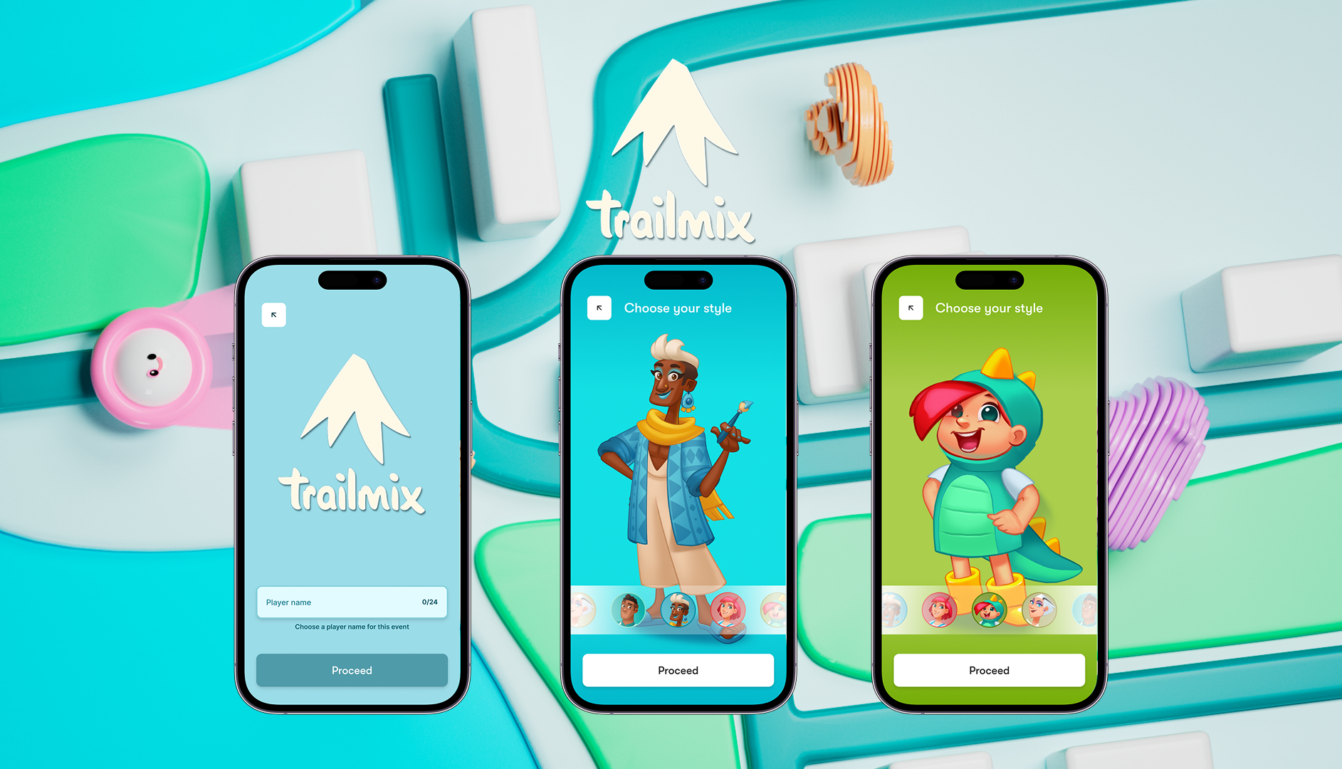 Trailmix branded ReadySet onboarding screens floating above a playful pastel game-world set.