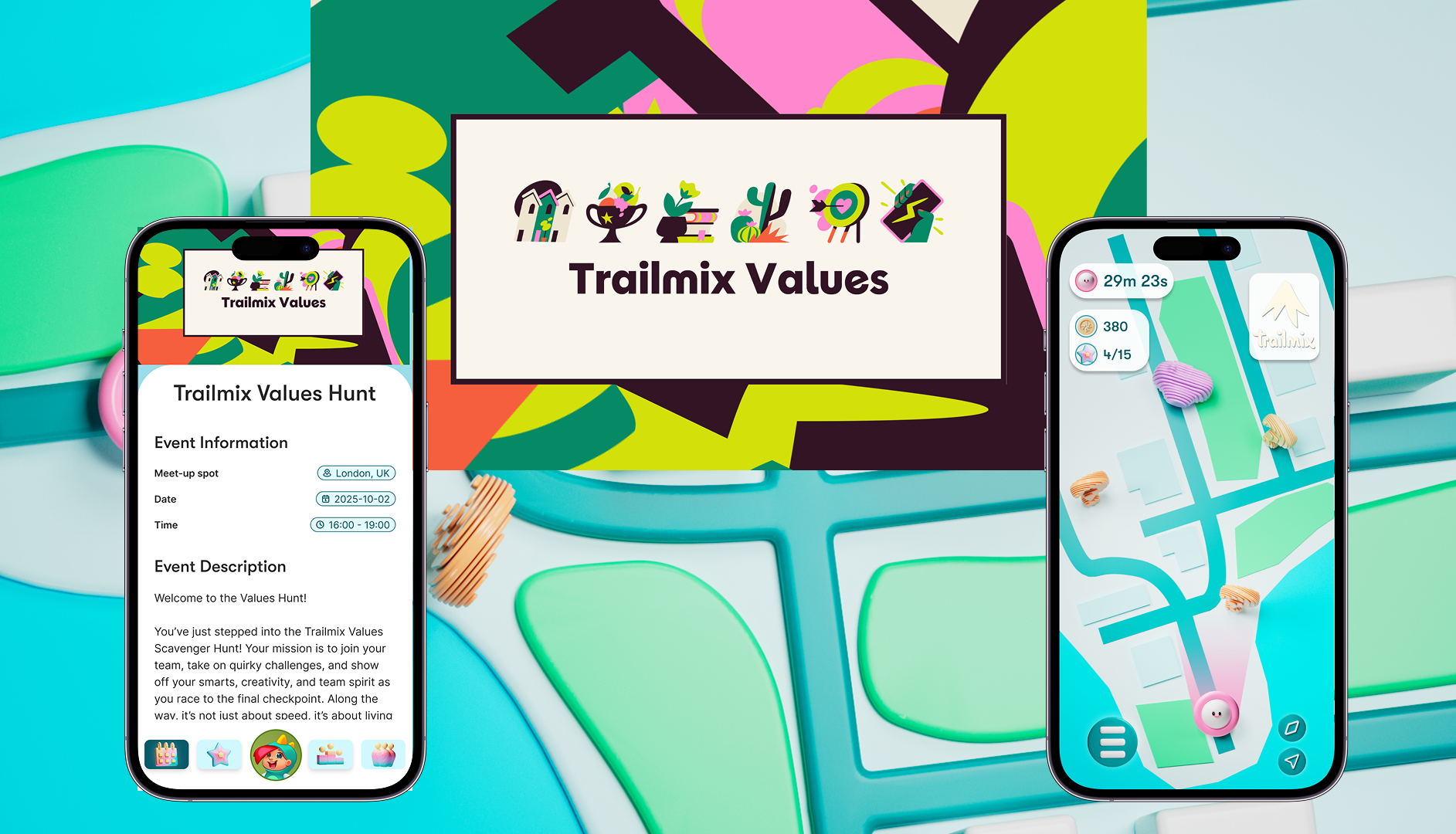 Trailmix Values Hunt — branded event card with meet-up spot, themed map screen, and an in-app live timer with score and checkpoint count.