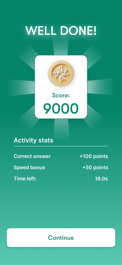Well done — score summary screen